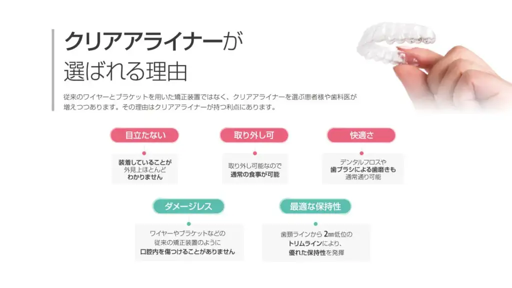 クリアアライナー(透明マウスピース装置)の5つのメリット解説図