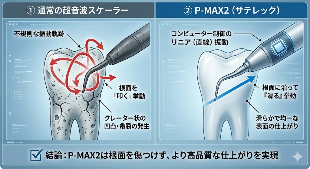 P-Max2による歯石除去は、痛みが少ない