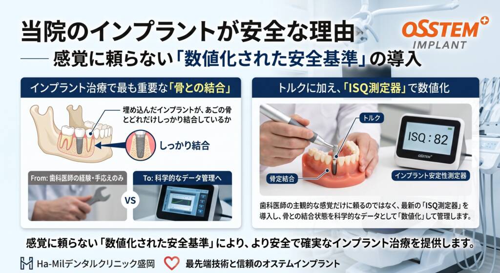 ISQ測定器でインプラントと骨の結合状態を数値化し、安全性を確認するオステムインプラント治療