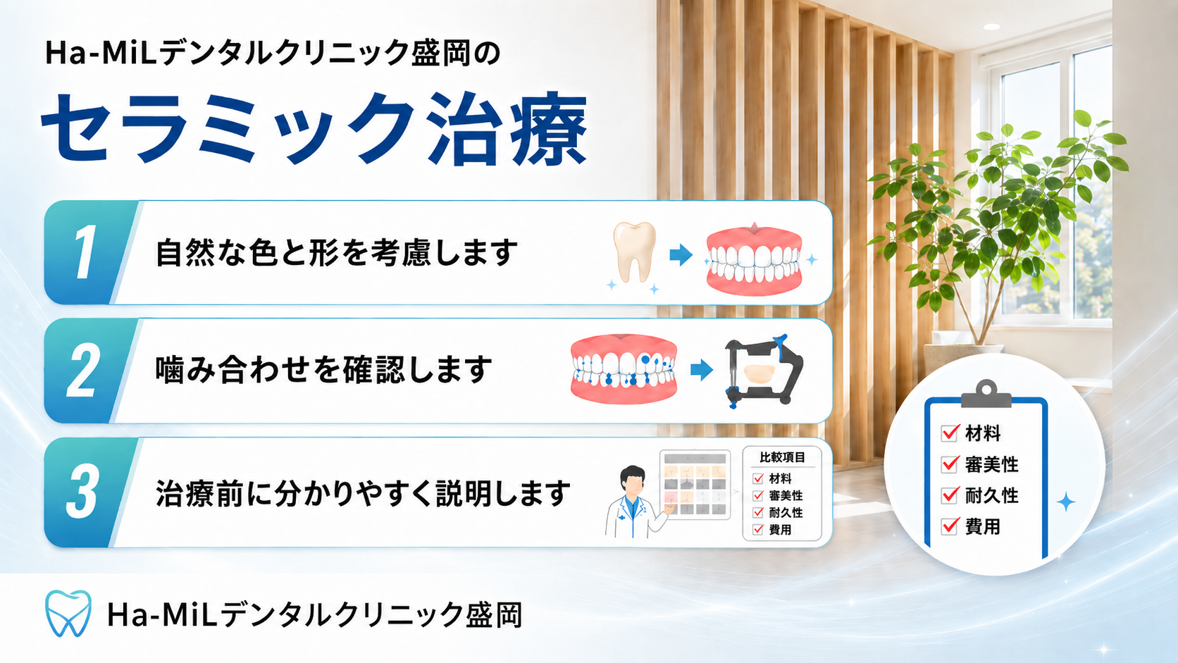 盛岡のHa-MiLデンタルクリニックのセラミック治療|自然な色と形・噛み合わせ・治療前説明を重視