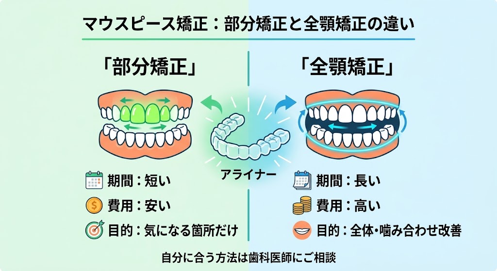 マウスピース矯正における部分矯正と全顎矯正の違いを比較した図。Ha-Mil Smile Alignerは全顎矯正に対応